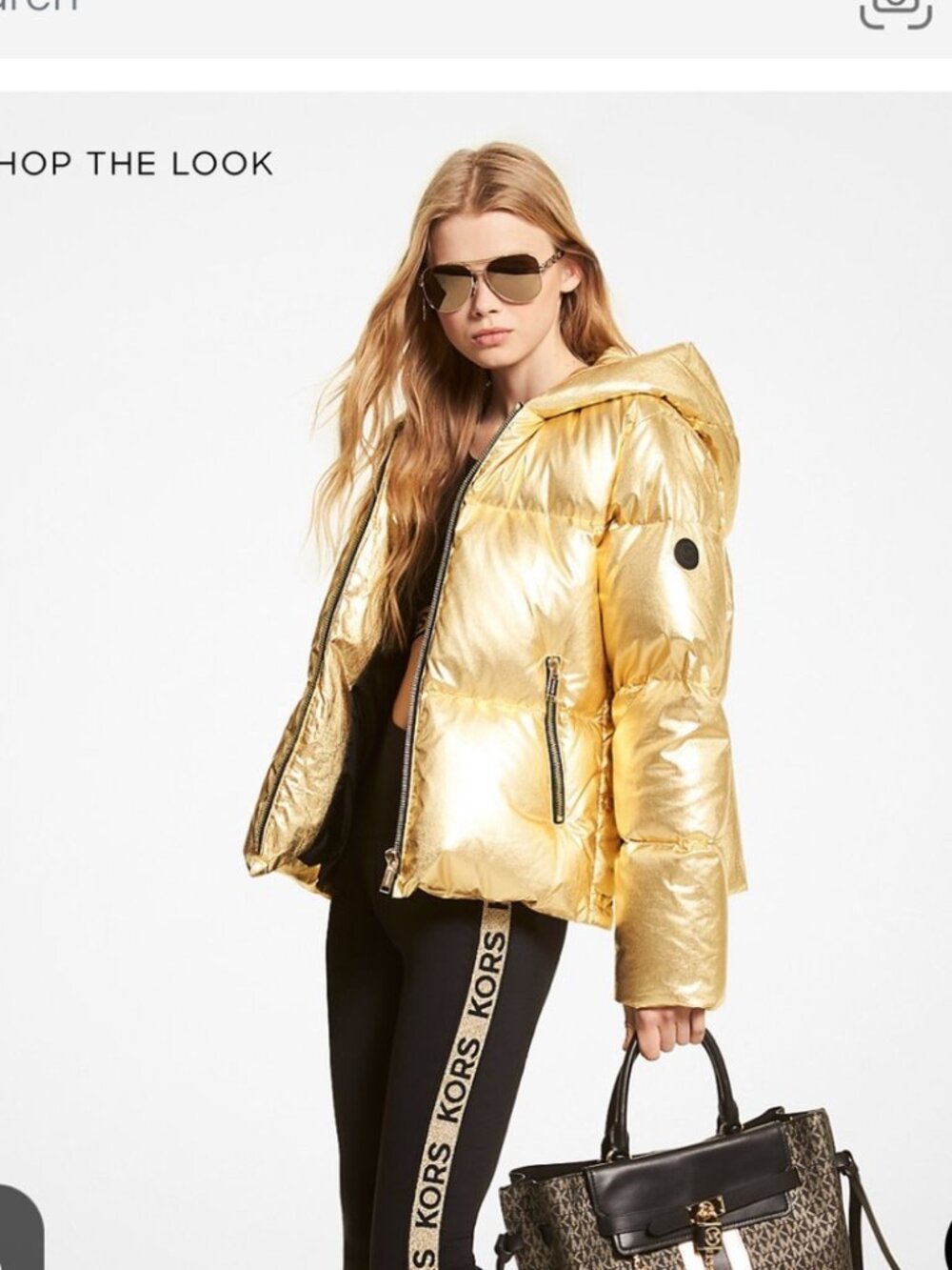 Michael Kors Metallic Cire Gold Logo Full zip Hooded Down Puffer Jacket, sz M